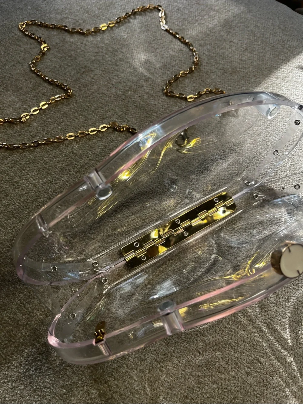 Clear Clamshell Clutch Bag with Gold Chain - Picture 10 of 13